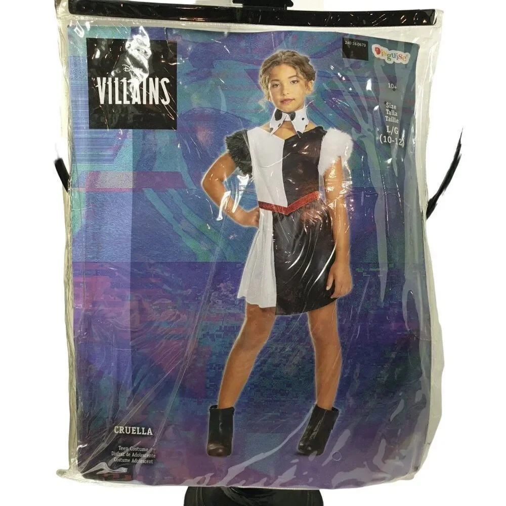 Girls Disney Villains Cruella De Vil Costume Dalmations Style Black & White Lg
